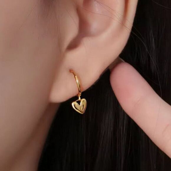 Dangle Heart Huggie Earrings in Gold & Silver. 925 Sterling Silver. #1067 - Picture 1 of 5